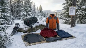 Diagram showing the three-layer clothing system: moisture-wicking merino wool, insulating fleece, and a waterproof outer shell.