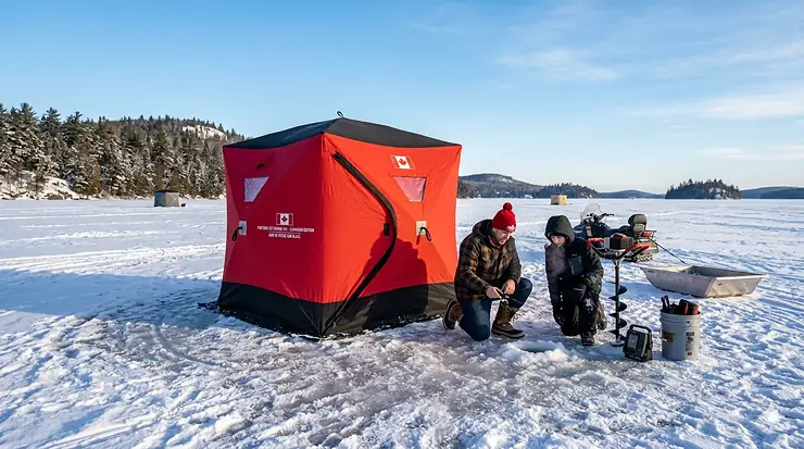 A photorealistic early morning photograph of a red and black insulated pop-up portable ice fishing hut on a frozen Canadian lake with two anglers, an ice auger, and a utility sled, under a clear blue sky.