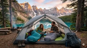 A couple camping in the Canadian Rockies using lightweight summer sleeping bags during a July backpacking trip.