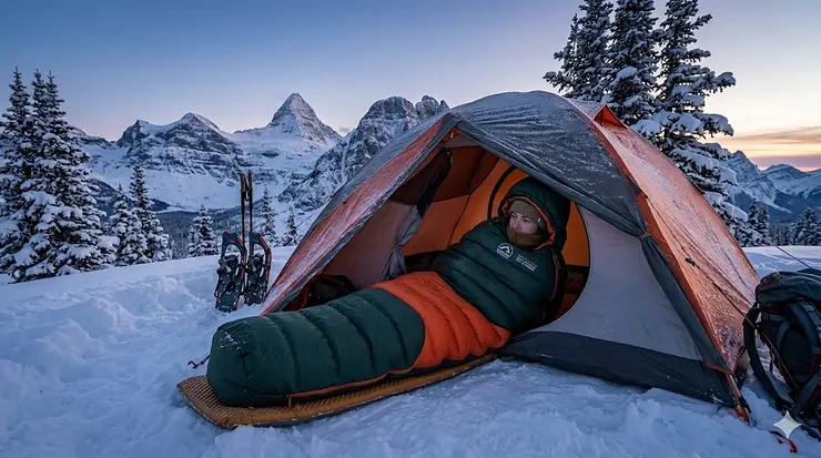 A high-performance winter sleeping bag for -30 degrees rated for extreme cold, pictured in a snowy Canadian alpine campsite at dusk.