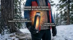 Storing a water flask between clothing layers for warmth.