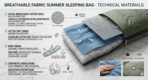 Close-up diagram of breathable, moisture-wicking fabric used in high-quality summer sleeping bags to prevent overheating.