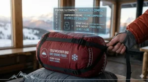 A cold weather sleeping bag compressed into a small, lightweight stuff sack for winter backpacking in Canada.