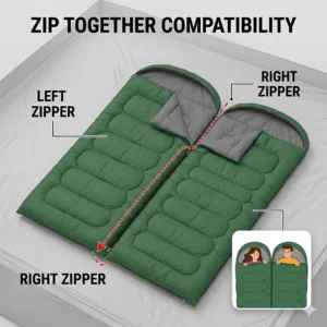 Illustration of a rectangular sleeping bag for camping being compressed into a small stuff sack for easy transport.