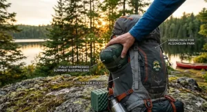 Illustration of a compressed summer sleeping bag fitting easily into a hiking pack for a trip to Algonquin Park.