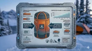 A heavy-duty -30°C sleeping bag compressed into a small stuff sack for Canadian backcountry trekking.