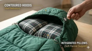 Illustration of the contoured hoods on a double sleeping bag for couples, designed to retain heat during cold Canadian nights.