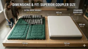 Size chart illustration in centimeters for a double sleeping bag for couples, showing a comfortable fit for two adults.