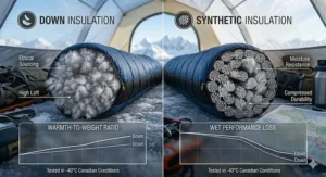 Comparison of down and synthetic insulation for a sleeping bag for Arctic conditions in humid Canadian winter climates.