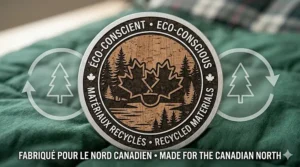 An eco-conscious badge for a double sleeping bag for couples, highlighting sustainable materials suited for the Canadian wilderness / plein air Canada.