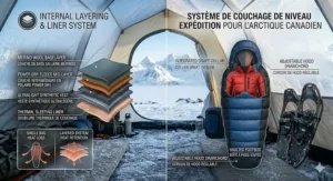 Layering system for an Arctic sleeping bag to survive extreme cold temperatures in Northern Canada.