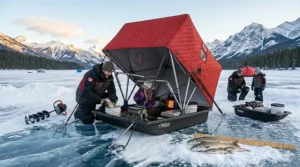 A large, multi-person ice fishing shelter with a family enjoying a winter day on a frozen lake in Ontario.