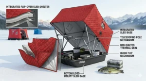 A flip-over ice fishing shelter mounted on a heavy-duty sled, ideal for transporting gear across deep Canadian snow.