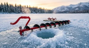 A heavy-duty gas-powered ice auger cutting through deep ice in the Northern Canadian wilderness.