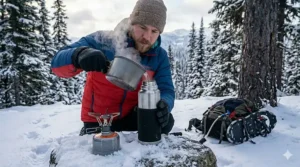 Filling a metal water bottle with hot water for winter camping.