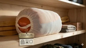 Illustration of proper long-term storage for a 3-season sleeping bag in a mesh laundry bag to preserve insulation loft.