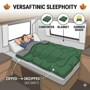 Illustration of a rectangular sleeping bag for camping hanging in a closet to maintain its insulation loft.