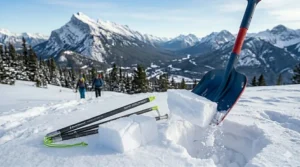 Illustration of a skier deploying a quick-lock avalanche probe, demonstrating proper assembly for Canadian alpine rescue scenarios.