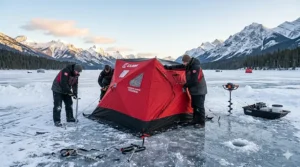 Illustration showing the easy setup process of a hub-style ice fishing shelter in windy Canadian winter conditions.