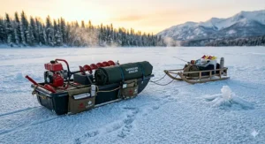 An ice auger secured in a heavy-duty utility sled for transport across the wind-swept Canadian tundra.