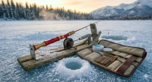 Technical diagram showing how to sharpen ice auger blades and winterize engines for harsh Canadian climates.