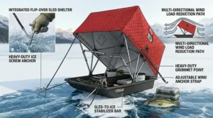 Illustration of heavy-duty ice anchors and tie-down straps securing an ice fishing shelter against high winds.