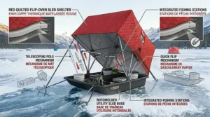 A stylized illustration of an ice fishing shelter with bilingual English and French signage: Ice Fishing Shelter / Cabane à pêche.