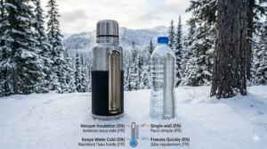 Comparison of insulated vacuum flask versus standard plastic bottle.