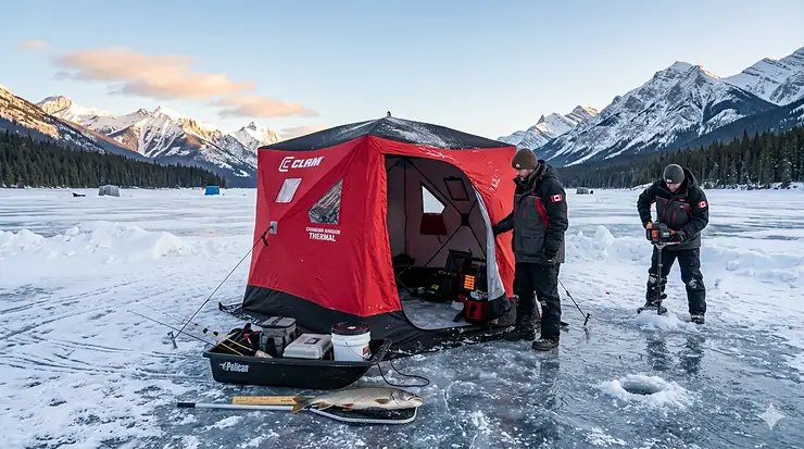 A premium insulated ice fishing shelter set up on a frozen Canadian lake at sunrise with snow-capped mountains in the background.