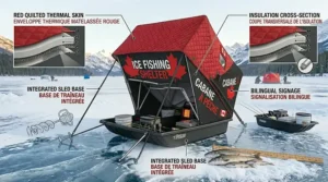 A glowing ice fishing shelter on a dark frozen lake under the Northern Lights, highlighting internal LED lighting.