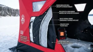 A photorealistic technical cutaway of the red and black insulated portable ice fishing hut, showing the layers of quilted thermal padding, reflective foil vapor barrier, and fleece with bilingual English/French labels (Insulated Fleece / Polaire Isolée).