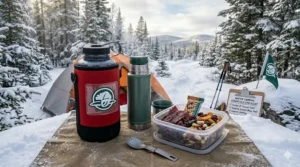 An insulated water bottle sleeve and high-protein snacks designed to prevent freezing during winter excursions.