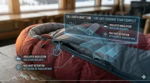 Detailed view of a full-length insulated draft tube preventing heat loss through the zipper of a winter sleeping bag.