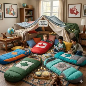 Fun illustration of a kids sleeping bag featuring a maple leaf pattern, perfect for an indoor sleepover or fête pyjama in Canada.
