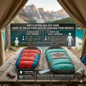 A visual size guide comparing different kids sleeping bag lengths for toddlers and youth-sized campers.