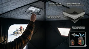 A photorealistic 4K detailed interior view from inside the red insulated portable ice fishing hut, showcasing the expansive space with five adults and two teenagers comfortably seated, multiple ice fishing holes, a large utility table with a sonar GPS unit and tackle box, two propane heaters, and warm sunlight filtering through several windows and roof vents, demonstrating its large, six-sided pop-up family size capability.