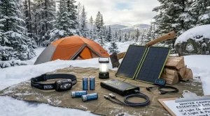 A bilingual English and French "Leave No Trace / Sans Trace" icon featuring a snow-covered campsite and a pack-it-out bag.