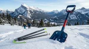 Comparison illustration between carbon fiber and aluminum avalanche probe and shovel kits for lightweight Canadian splitboarding.