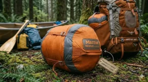 A compressed 3-season sleeping bag in a stuff sack, showcasing lightweight portability for Canadian backcountry hiking and portaging.