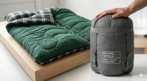 Graphic showing the compact compressed size of a double sleeping bag for couples, designed for easy portaging in Canada’s backcountry.
