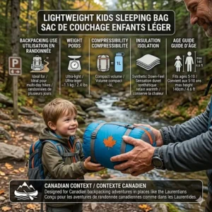 A stylized graphic of a lightweight, compact kids sleeping bag packed for a family hiking trip in the Laurentians.