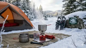 A liquid fuel stove and fuel bottle, essential for melting snow and cooking in sub-zero Canadian temperatures.
