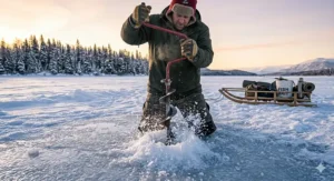 A traditional manual ice auger drilling through thick blue ice on a snowy Canadian lake.