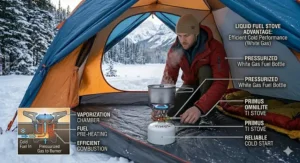 Illustration of a camper melting snow in a large pot over a stove, highlighting essential budget winter survival gear.