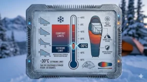 Technical chart showing comfort and extreme limit ratings for a -30°C winter sleeping bag (sac de couchage d'hiver).