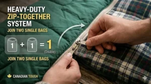 Illustration of two single bags being zipped together to create a spacious double sleeping bag for couples on a camping trip.
