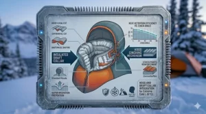 Close-up of an insulated draft collar and adjustable hood cinch to trap heat in a -30 degree mummy sleeping bag.