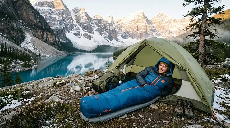A hiker rests in a high-performance blue mummy sleeping bag for backpacking while camping near a glacial lake in the Canadian Rockies.