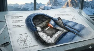 Technical design of a mummy-style sleeping bag for Arctic conditions featuring an insulated draft collar.