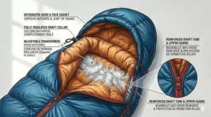 Detailed view of an adjustable hood and draft collar on a mummy sleeping bag for backpacking to prevent heat loss.